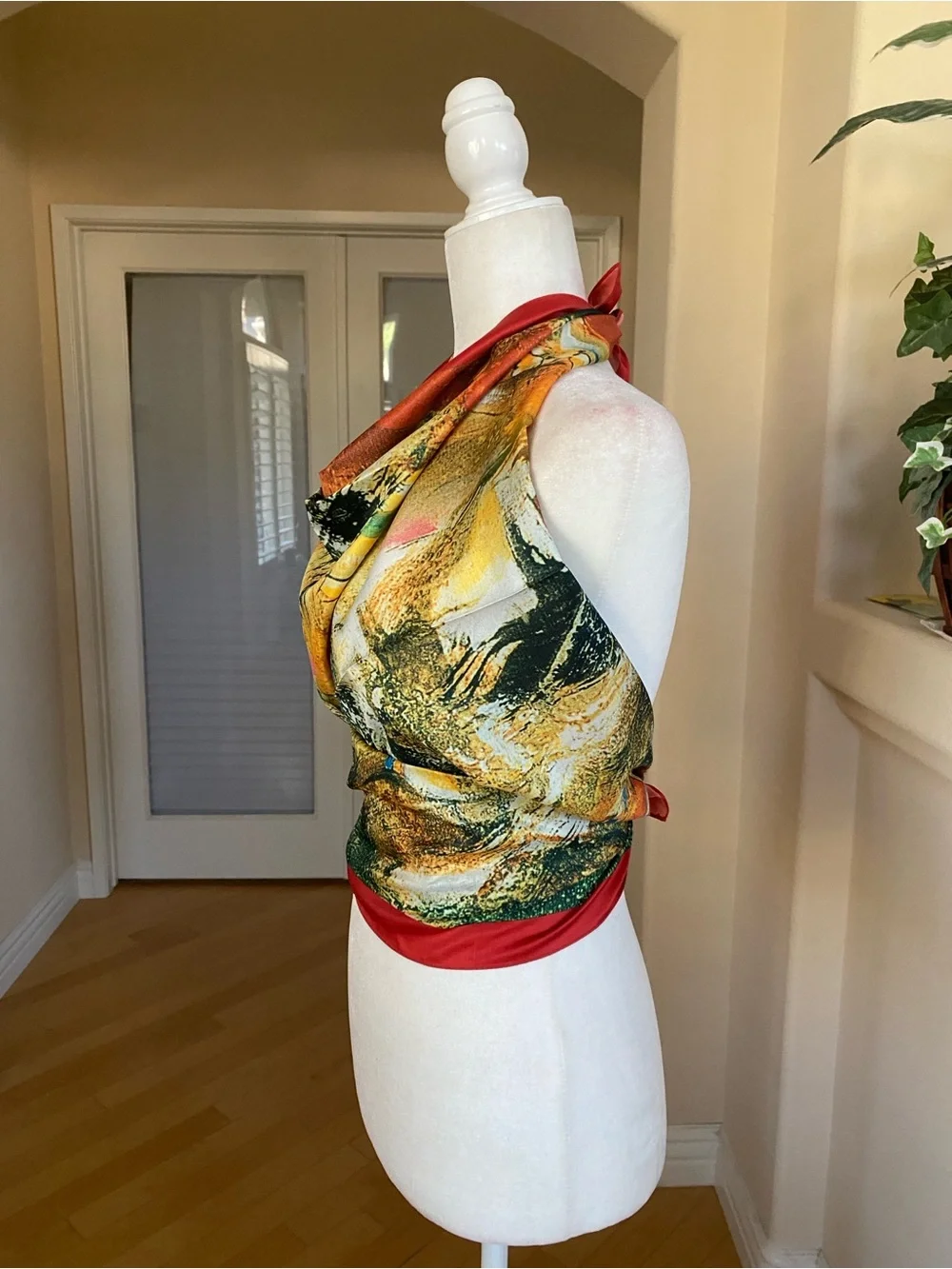 Silk Scarf Wrap Dress Top Abstract Multicolor with Red Trim